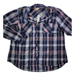 NEW Dress Barn Krazy Kat Women's Plus 3X Navy Pink Plaid Button-Up Roll Tab